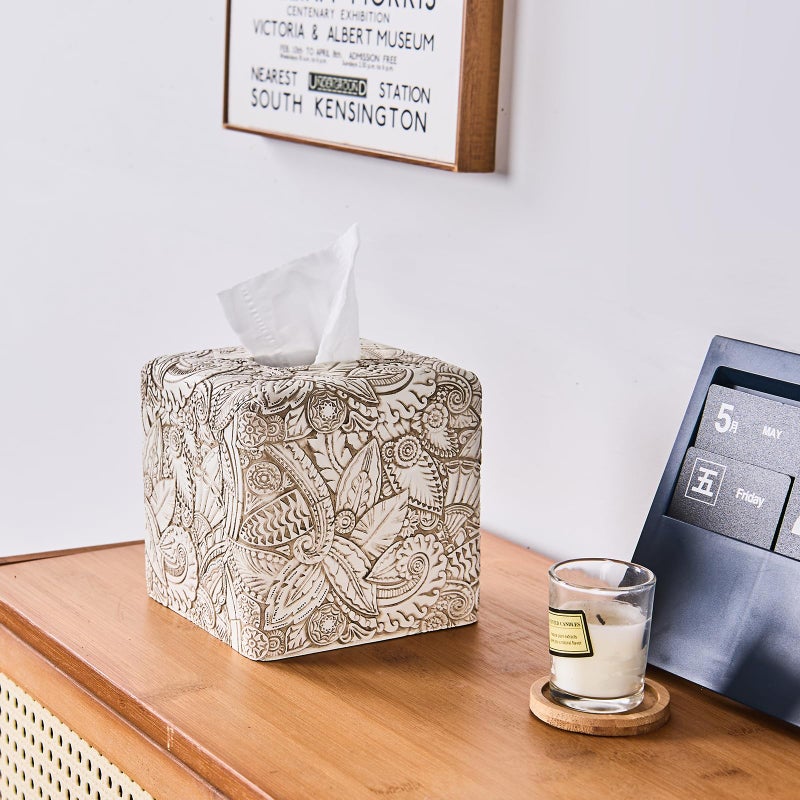 Polytree Tropical Leaves Vintage Wood Carved Square Tissue Box Cover Decorative,Tissue Box Holder, Facial Paper Holder for Bathroom Vanity Countertop, Bedroom Night Stand,Office and End Table, Rustic White - Image 3