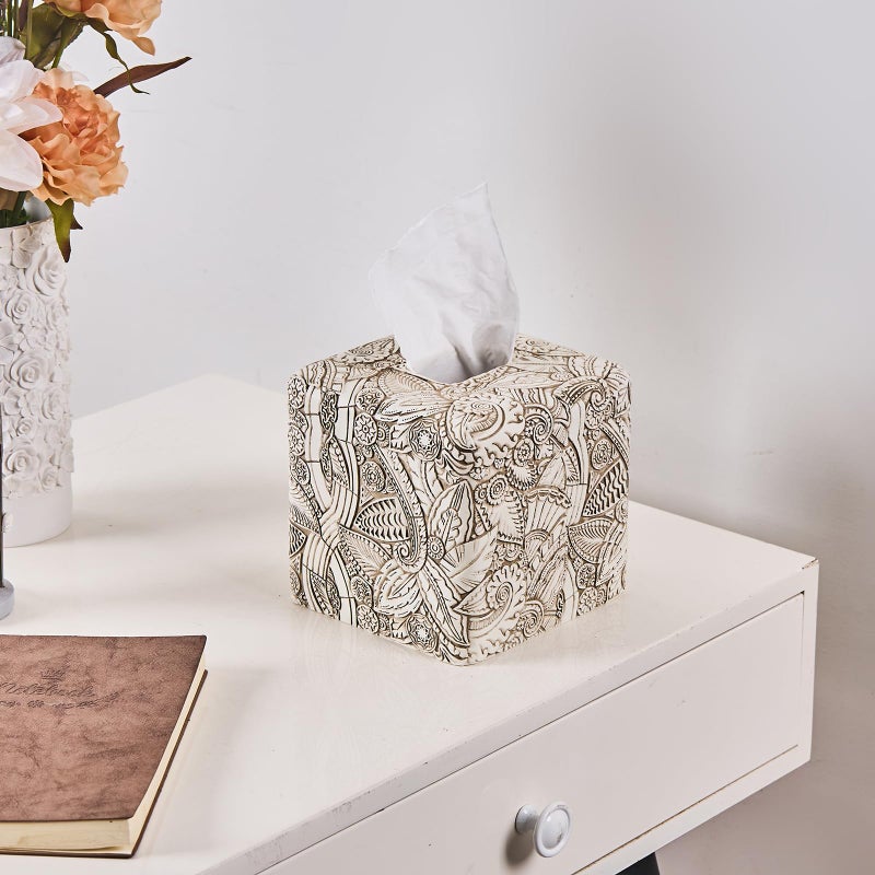 Polytree Tropical Leaves Vintage Wood Carved Square Tissue Box Cover Decorative,Tissue Box Holder, Facial Paper Holder for Bathroom Vanity Countertop, Bedroom Night Stand,Office and End Table, Rustic White - Image 4