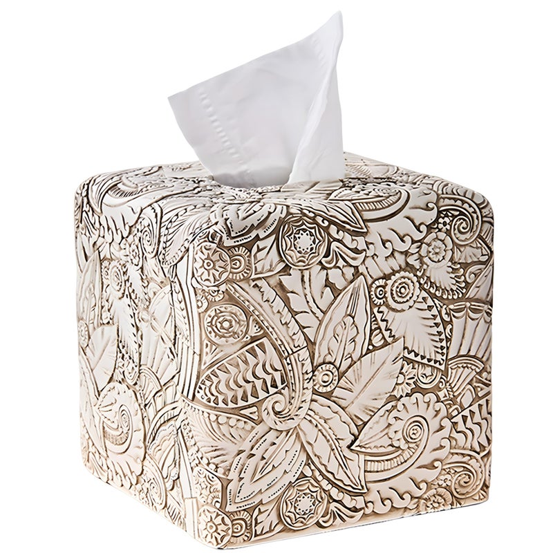 Polytree Tropical Leaves Vintage Wood Carved Square Tissue Box Cover Decorative,Tissue Box Holder, Facial Paper Holder for Bathroom Vanity Countertop, Bedroom Night Stand,Office and End Table, Rustic White - Image 1