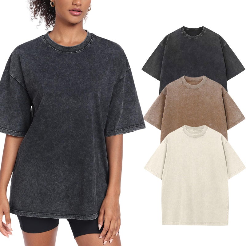 SnowElve 3 Pack Womens Washed Vintage Oversized T-Shirt Baggy Workout Tops Short Sleeve Cotton Tshirts Streetwear Boyfriend Tee(W-BGCFBK,l) - Image 1