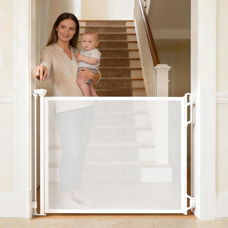 SPACEANY Retractable Safety Baby Gate or Mesh Dog Gate,Durable Portable Mesh Retractable Gate,Easy to Use for Stairs, Doorways, Hallways, Indoor, Outdoor, 33.5" Tall, Up to 45" Wide, White - Image 1