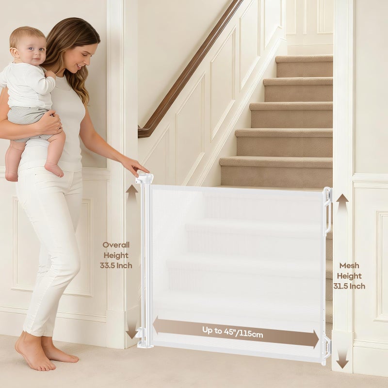 SPACEANY Retractable Safety Baby Gate or Mesh Dog Gate,Durable Portable Mesh Retractable Gate,Easy to Use for Stairs, Doorways, Hallways, Indoor, Outdoor, 33.5" Tall, Up to 45" Wide, White - Image 2
