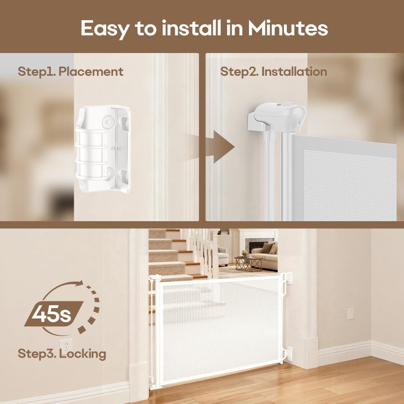 SPACEANY Retractable Safety Baby Gate or Mesh Dog Gate,Durable Portable Mesh Retractable Gate,Easy to Use for Stairs, Doorways, Hallways, Indoor, Outdoor, 33.5" Tall, Up to 45" Wide, White - Image 4