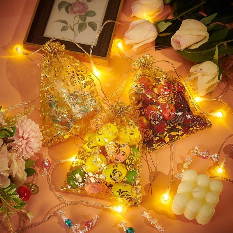 PH PandaHall 50pcs Golden Rose Flower Printed Organza Bags Jewellery Pouch Bags Small Crafts Favor Bags Organza Drawstring Pouches for Christmas Wedding Party Favors Candy Gift Bags, 18x13cm - Image 5