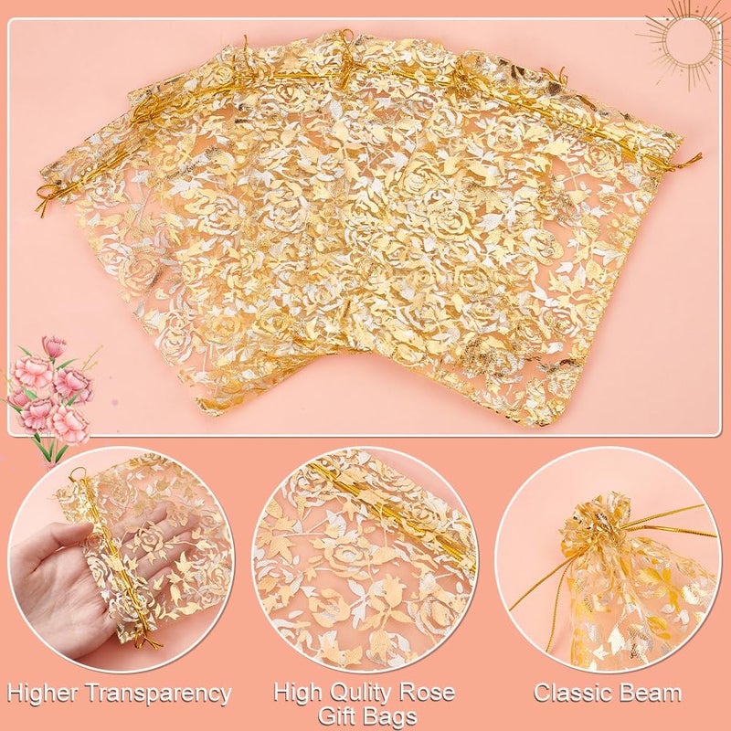 PH PandaHall 50pcs Golden Rose Flower Printed Organza Bags Jewellery Pouch Bags Small Crafts Favor Bags Organza Drawstring Pouches for Christmas Wedding Party Favors Candy Gift Bags, 18x13cm - Image 2