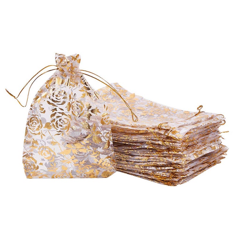 PH PandaHall 50pcs Golden Rose Flower Printed Organza Bags Jewellery Pouch Bags Small Crafts Favor Bags Organza Drawstring Pouches for Christmas Wedding Party Favors Candy Gift Bags, 18x13cm - Image 1