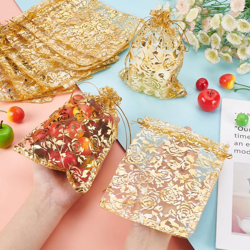 PH PandaHall 50pcs Golden Rose Flower Printed Organza Bags Jewellery Pouch Bags Small Crafts Favor Bags Organza Drawstring Pouches for Christmas Wedding Party Favors Candy Gift Bags, 18x13cm - Image 3