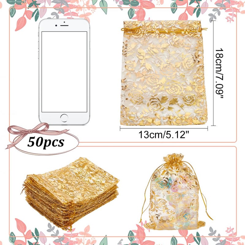 PH PandaHall 50pcs Golden Rose Flower Printed Organza Bags Jewellery Pouch Bags Small Crafts Favor Bags Organza Drawstring Pouches for Christmas Wedding Party Favors Candy Gift Bags, 18x13cm - Image 4