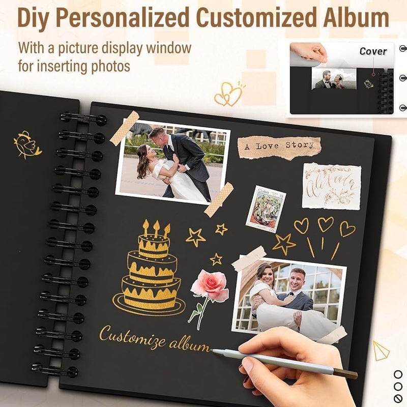 LUPINEZ Scrapbook Photo Album Kit | A4 DIY Wedding Album Set with Color Stickers, 10 Markers Pen | Graduations Album Memory Photo Album | Anniversary Gift for Couple Special | 80Pages/40Sheet (Black) - Image 4