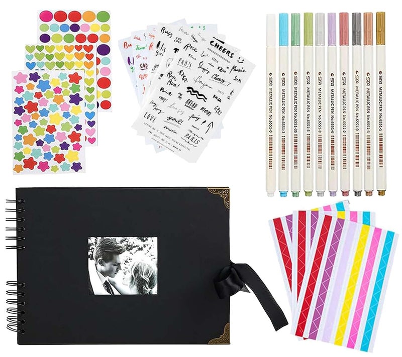 LUPINEZ Scrapbook Photo Album Kit | A4 DIY Wedding Album Set with Color Stickers, 10 Markers Pen | Graduations Album Memory Photo Album | Anniversary Gift for Couple Special | 80Pages/40Sheet (Black) - Image 1