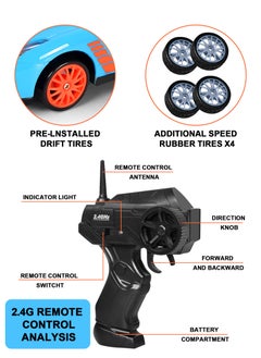URbazaar Remote Control Car RC Drift Car 1/24 Scale 4WD RC Car With LED Lights 2.4ghz 18km/H Rechargeable High Speed Drift Racing Sport Toy Car For Adults Boys Girls Kids Gift 2pcs Batteries and Extra Tires  - Image 5