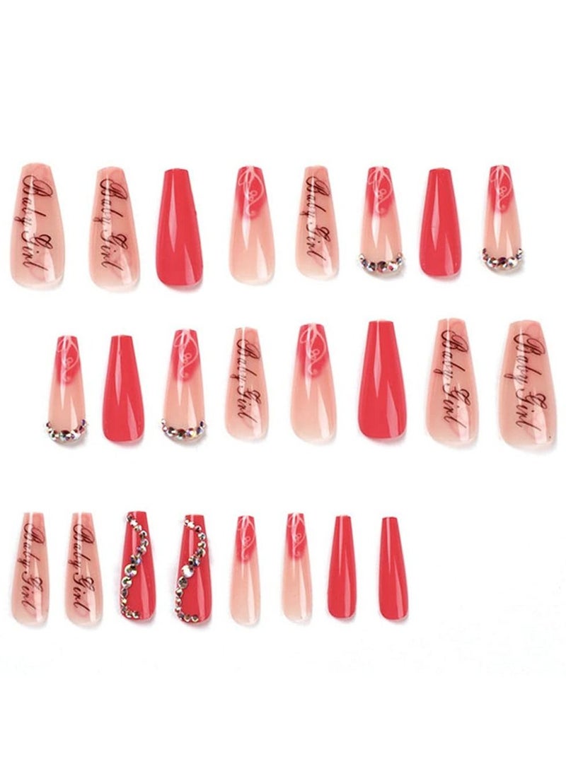 KASTWAVE 24pcs Press on Nails Long Fake Nails Red Long Ballerina Nails Letters Graffiti Rhinestones False Nails Full Cover Acrylic Nails Shiny Damonds Wearable Coffin Nail Tips Stick on Nails for Women Girls - Image 1