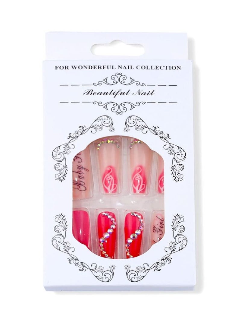 KASTWAVE 24pcs Press on Nails Long Fake Nails Red Long Ballerina Nails Letters Graffiti Rhinestones False Nails Full Cover Acrylic Nails Shiny Damonds Wearable Coffin Nail Tips Stick on Nails for Women Girls - Image 2