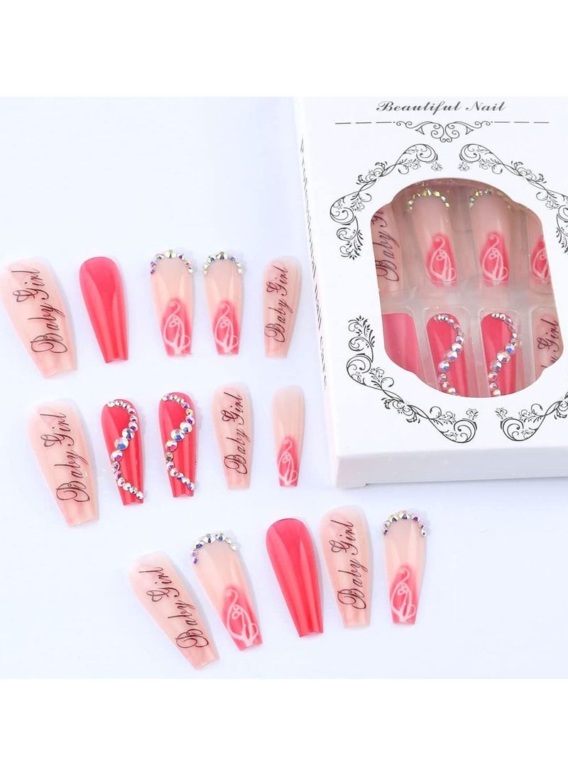 KASTWAVE 24pcs Press on Nails Long Fake Nails Red Long Ballerina Nails Letters Graffiti Rhinestones False Nails Full Cover Acrylic Nails Shiny Damonds Wearable Coffin Nail Tips Stick on Nails for Women Girls - Image 5