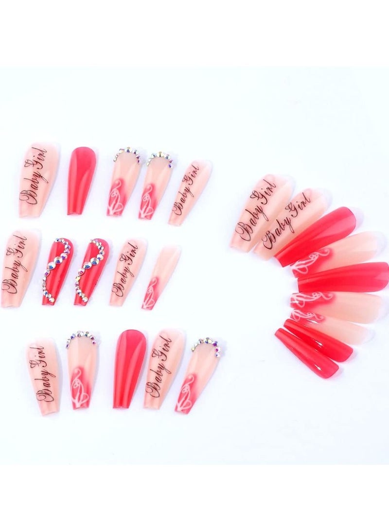 KASTWAVE 24pcs Press on Nails Long Fake Nails Red Long Ballerina Nails Letters Graffiti Rhinestones False Nails Full Cover Acrylic Nails Shiny Damonds Wearable Coffin Nail Tips Stick on Nails for Women Girls - Image 3