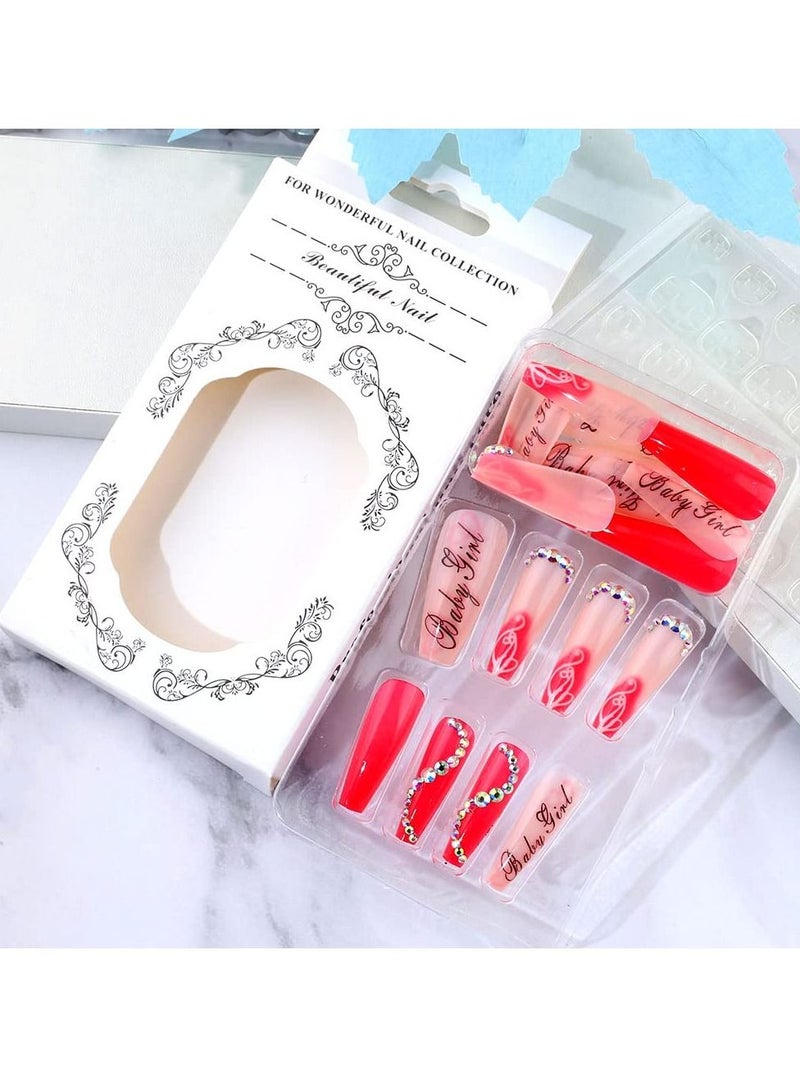 KASTWAVE 24pcs Press on Nails Long Fake Nails Red Long Ballerina Nails Letters Graffiti Rhinestones False Nails Full Cover Acrylic Nails Shiny Damonds Wearable Coffin Nail Tips Stick on Nails for Women Girls - Image 4