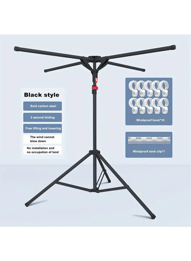 Hihonor Foldable Metal Clothes Drying Rack, Adjustable Height, Portable Space-Saving Laundry Airer with Windproof Hooks & Sock Clip for Indoor/Outdoor Use, Quick Install (Black) - Image 5