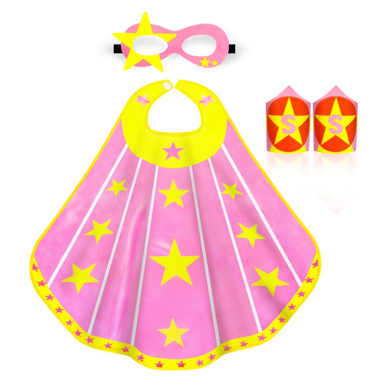iROLEWIN Star SuperheroCostumesCape and Mask for Kids Girls Boys Super Hero Party Gifts Toys as Halloween Dress Up with Bracelets Pink - Image 3