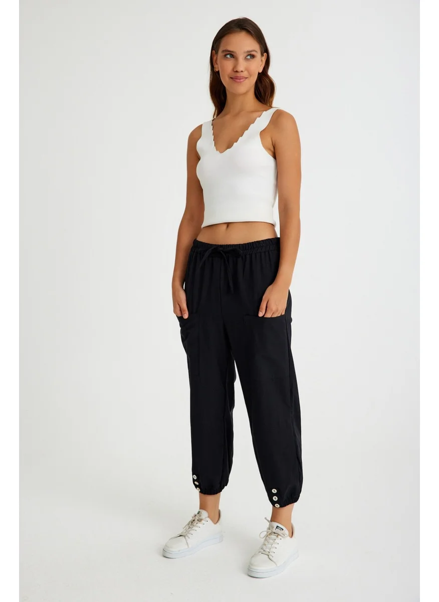 Barbora Linen Casual Trousers Elastic Waist Laced LN15BLACK10