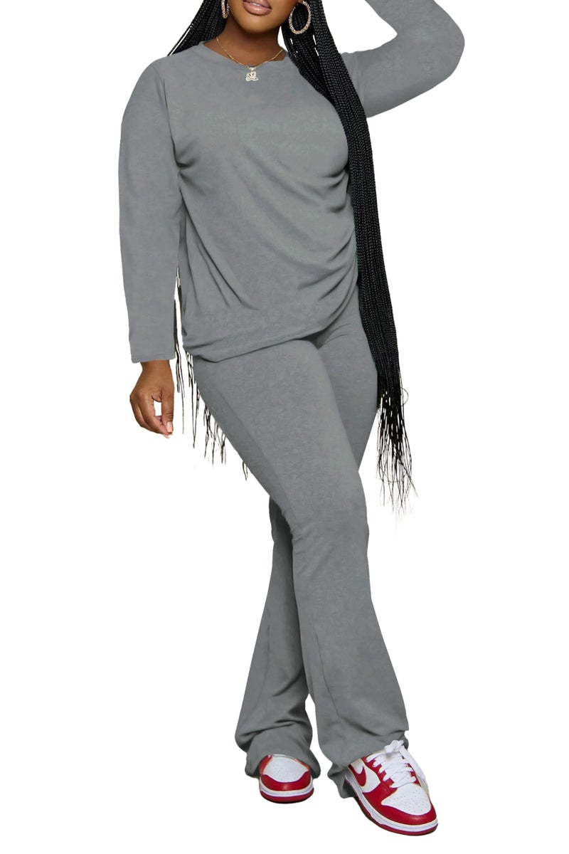 PINSV Womens 2 Piece Outfits Casual Sets Long Sleeve Top and Flare Pants Lounge Sets Tracksuit Grey L - Image 1