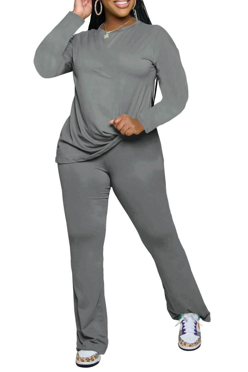 PINSV Womens 2 Piece Outfits Casual Sets Long Sleeve Top and Flare Pants Lounge Sets Tracksuit Grey L - Image 5
