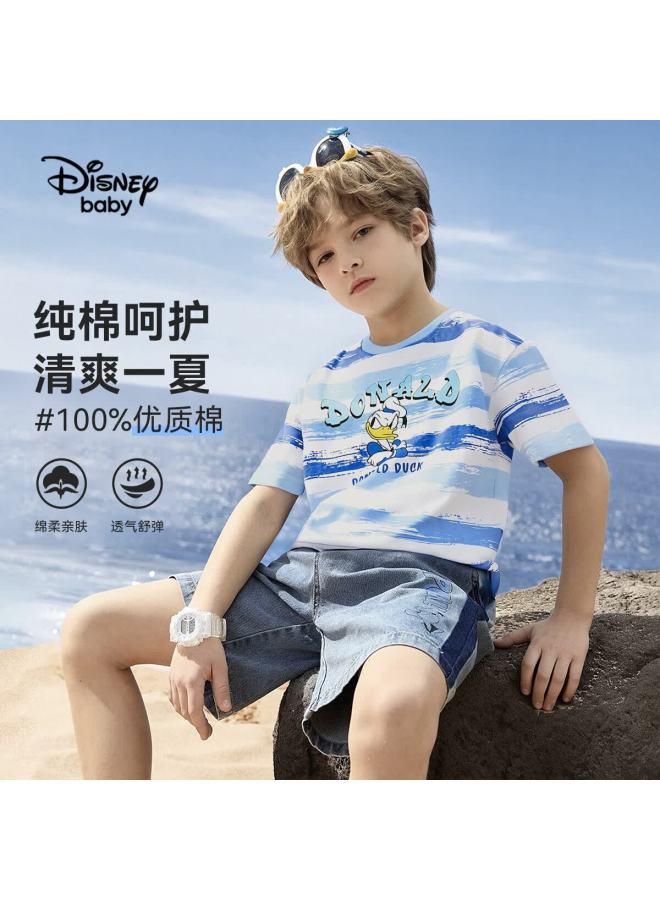Disney Baby Boys' Short Sleeve T-shirt, Kids' Cotton Striped Gradient Summer Top, Blue, Size 140 - Image 1