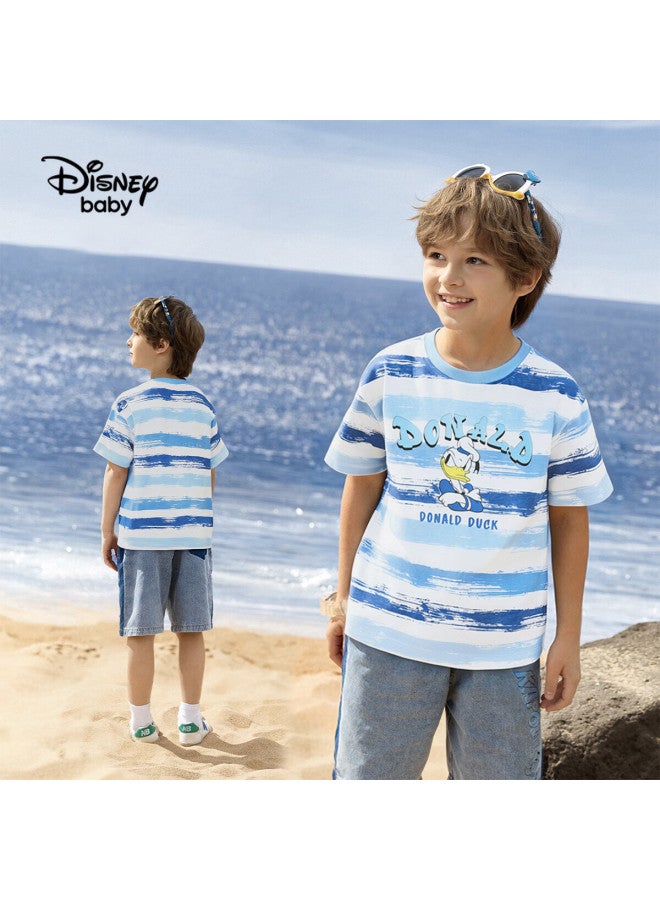 Disney Baby Boys' Short Sleeve T-shirt, Kids' Cotton Striped Gradient Summer Top, Blue, Size 140 - Image 3