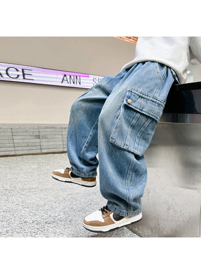 Trendy Big Kids' Spring Straight-leg Workwear Jeans  New Style Children's Clothing Boys' Spring Cool Loose Pants