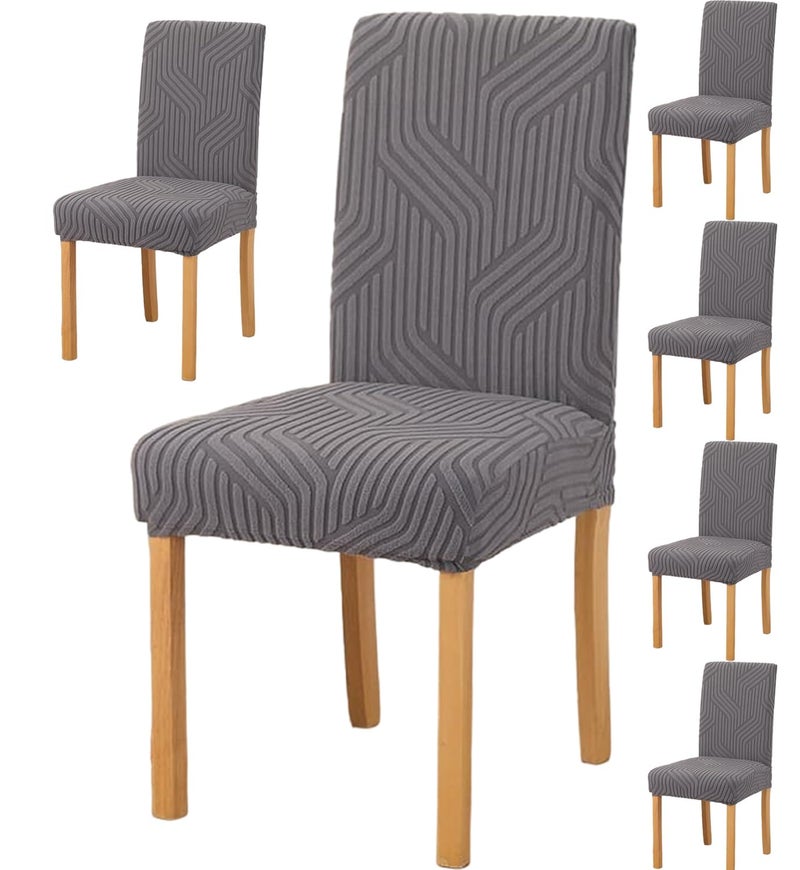 Styleys Elastic Chair Cover Stretch Removable Washable Short Jacquard Dining Chair Cover Protector Seat Slipcover (Pack of 6, Dark Grey, JTMC3) - Image 1