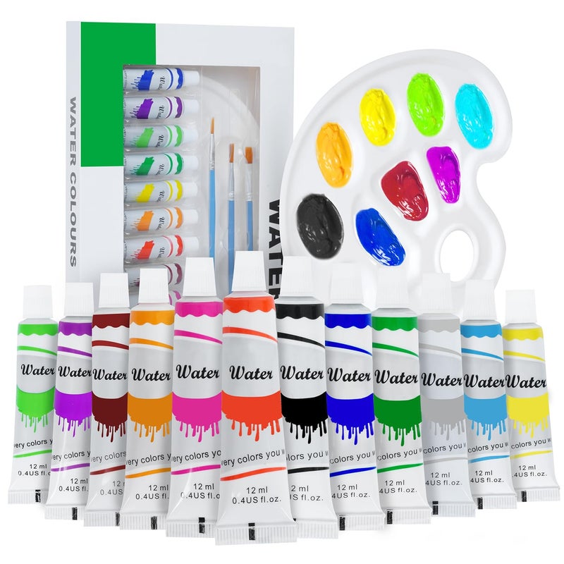 ABOUT SPACE Watercolor Paint Set - (12 colors x 12 ml) Multicolour Non-Toxic Paint Tubes with Mixing Palette & 4 Brushes for Artists, Beginners - Kit for Art & Craft, Drawing, Canvas, Painting, Poster - Image 1