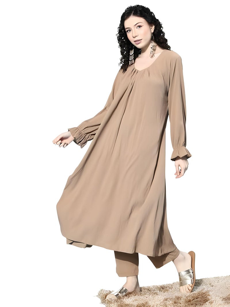 Varanga Women Beige Colour, Bishop Sleeve A-Line Kurta Paired With Tonal Bottom - Image 1