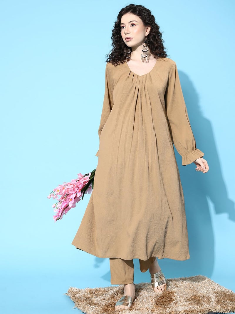 Varanga Women Beige Colour, Bishop Sleeve A-Line Kurta Paired With Tonal Bottom - Image 2