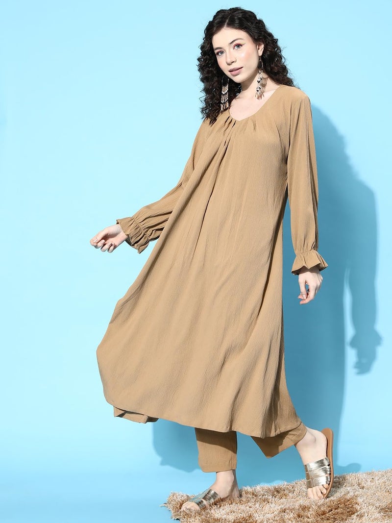 Varanga Women Beige Colour, Bishop Sleeve A-Line Kurta Paired With Tonal Bottom - Image 3