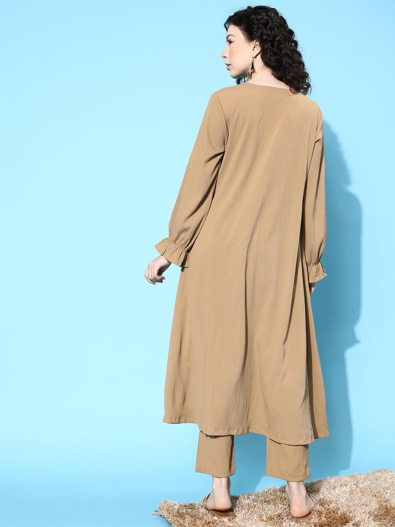 Varanga Women Beige Colour, Bishop Sleeve A-Line Kurta Paired With Tonal Bottom - Image 4