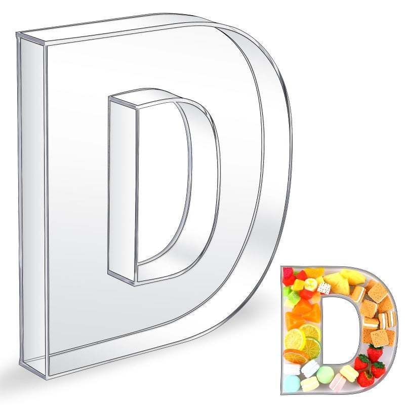 صندوق حروف أكريليك Uiifan 10 شكل صينية عرض قابلة للتعبئة لصندوق الشاركتوري أكريليك طبق حلوى لحفلة عيد الميلاد أطباق قابلة لإعادة الاستخدام للطعام لا تشمل الغطاء واضح حرف D