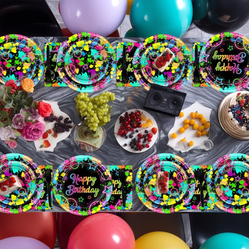 Avezano 96 PCS Neon Birthday Party Decorations Glow Neon Happy Birthday Plates Napkins Tableware Glow in the Dark Party Supplies, Serves 24 - Image 5