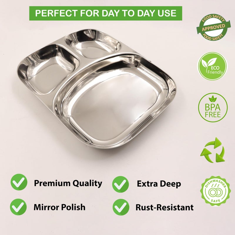 Spillbox Stainless SteelTiffin Plate|Breakfast Plate|Lunch&Dinner Plate|Bhojan Thali|Compartment|Sectioned Plate|Pav Bhaji|Idly Sambar|Snack Platel:25cm W:525g :-Micky Tiffen Plates (Large-6) - Image 2