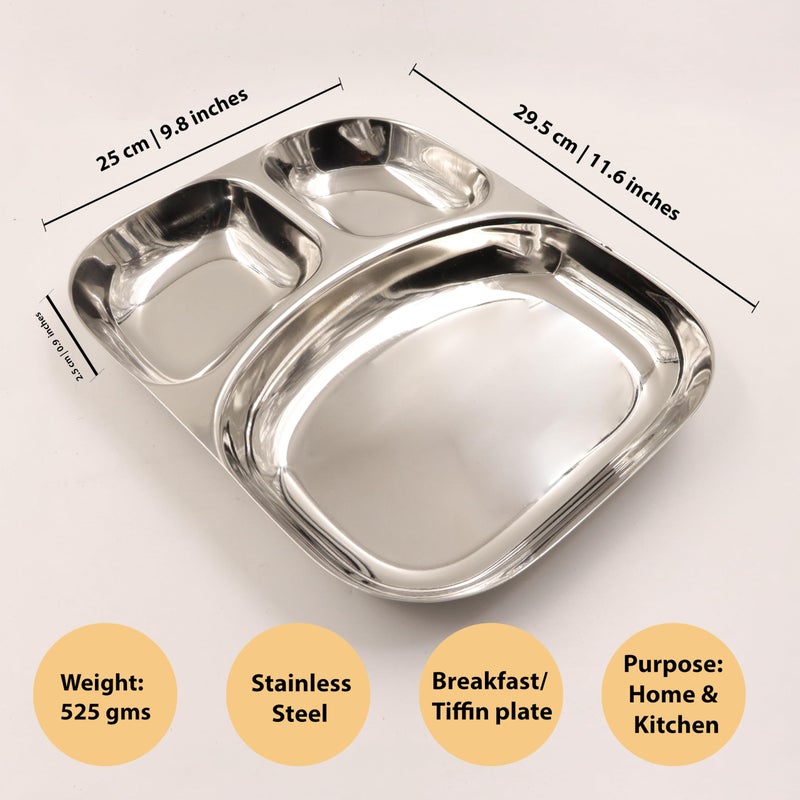 Spillbox Stainless SteelTiffin Plate|Breakfast Plate|Lunch&Dinner Plate|Bhojan Thali|Compartment|Sectioned Plate|Pav Bhaji|Idly Sambar|Snack Platel:25cm W:525g :-Micky Tiffen Plates (Large-6) - Image 4