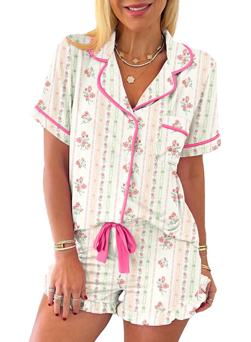 KevaMolly Womens Lounge Sets Floral Bow Printed Pocketed Knotted PJ Set Short Sleeve Xmas Top and Shorts Floral Beige M - Image 1