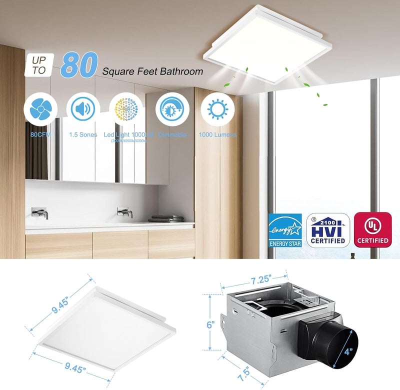 Tech Drive Bathroom Exhaust Fan with Light, 80 CFM, Super Quiet 1.5 Sone Bathroom Fan with Light, 1000lm Dimmable 3CCT LED Light 3000K/4000K/5000K Selectable, Energy Star Ventilation Fan, White - Image 3