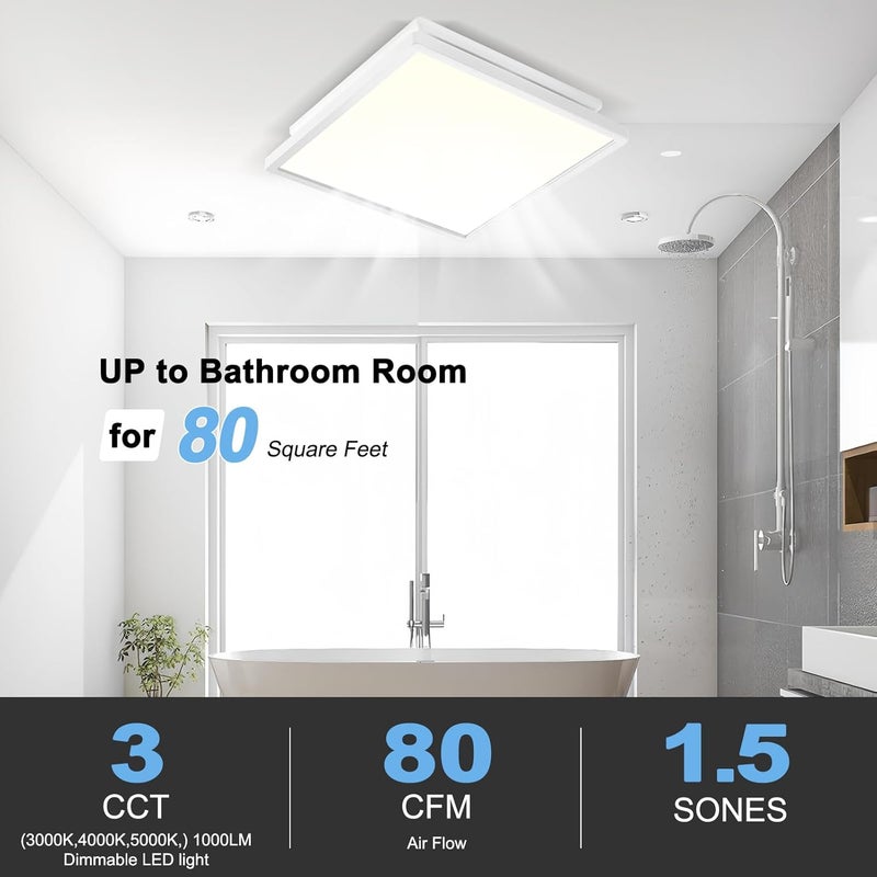 Tech Drive Bathroom Exhaust Fan with Light, 80 CFM, Super Quiet 1.5 Sone Bathroom Fan with Light, 1000lm Dimmable 3CCT LED Light 3000K/4000K/5000K Selectable, Energy Star Ventilation Fan, White - Image 2