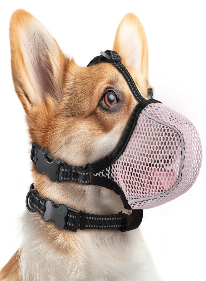 BONTHEE Dog Muzzle,Mesh Soft Muzzle for Small Medium Large Sized Dogs, Breathable Reflective Adjustable Puppy Muzzles with Collar for Scavenging Grooming Biting Chewing,Allows Panting and Drinking(Pink L) - Image 1