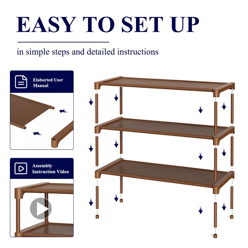 Kitsure Shoe Rack - Non-Woven Shoe Rack Shelf, Shoe Organizer for Closet, Entryway, Garage & Corridor, Stackable Shoe Shelves, 27.5" Wide - 3 Tier, Brown - Image 5