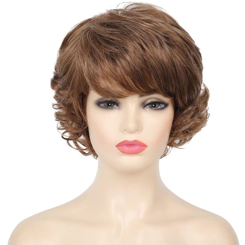 Kaneles Short Brown Curly Hair Wig with Bangs for Women Natural Layered Synthetic Old Ladies Hair Heat Resistant Cosplay Full WigsGolden brown