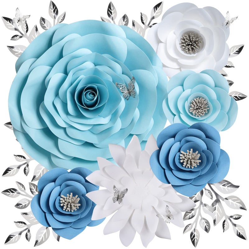 3D Blue Roses Artificial Flowers Large Paper Flowers Decorations for Wall with Butterfly Stickers Fake Flower Wall Decor for Baby Boy Nursery Room Wedding Centerpiece Party Backdrop
