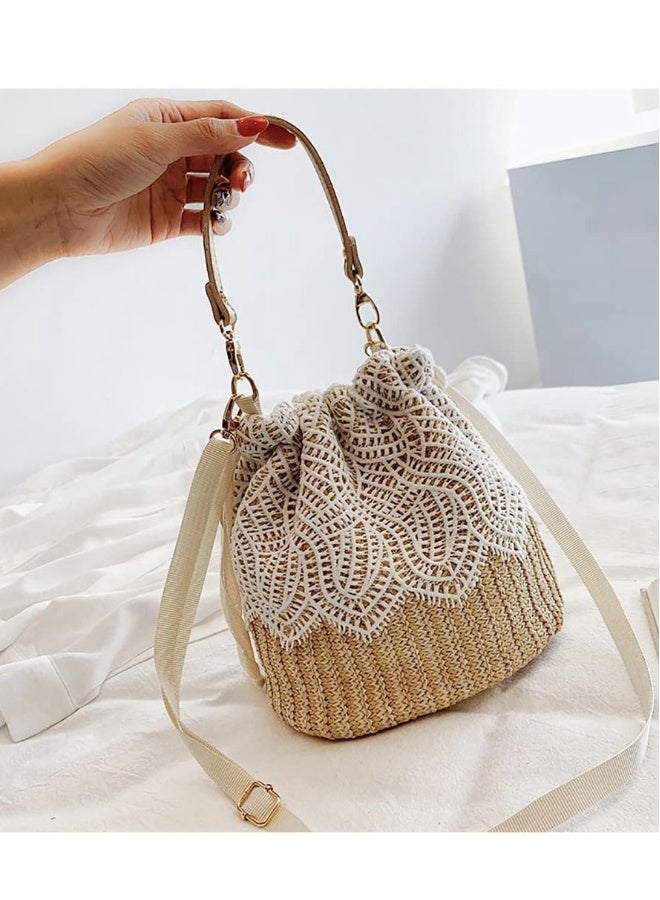 Women Shoulder Bag Handbag Fashion Hand Woven Bucket Straw Bag Small Beach Hand Woven  - Image 2