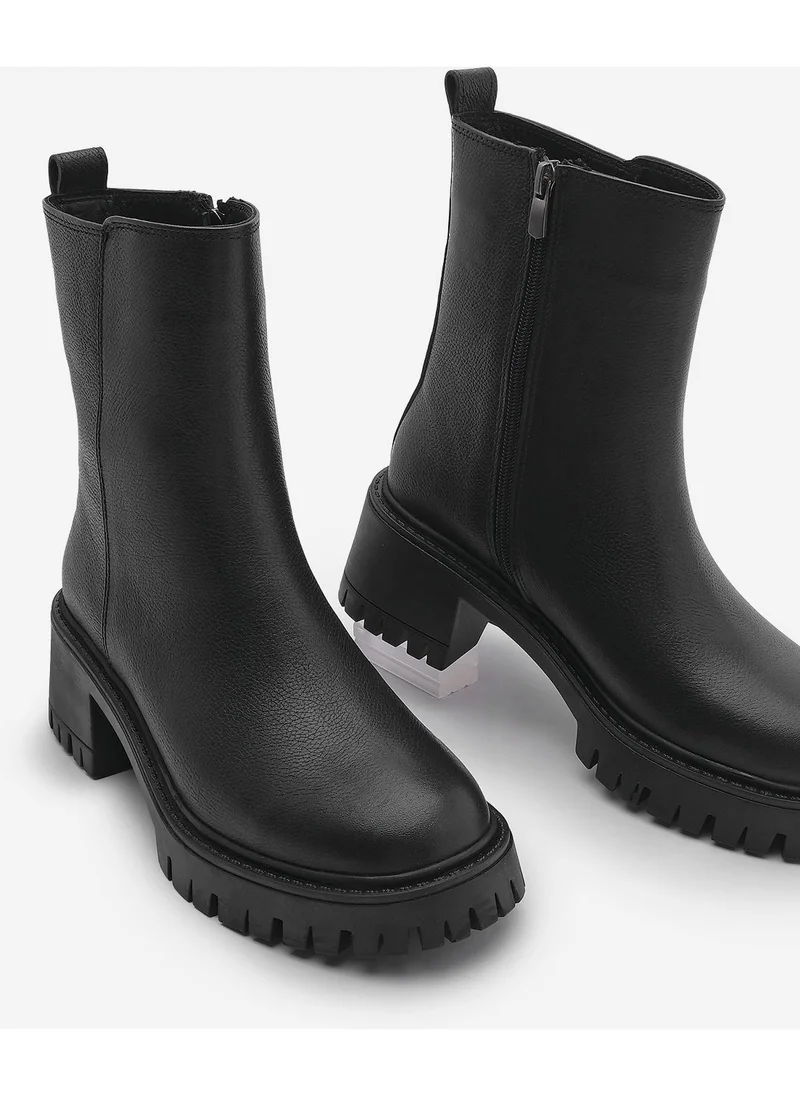 MARJIN Women's Leather Zippered Thick Heeled Scratch Sole Casual Boots Forlas
