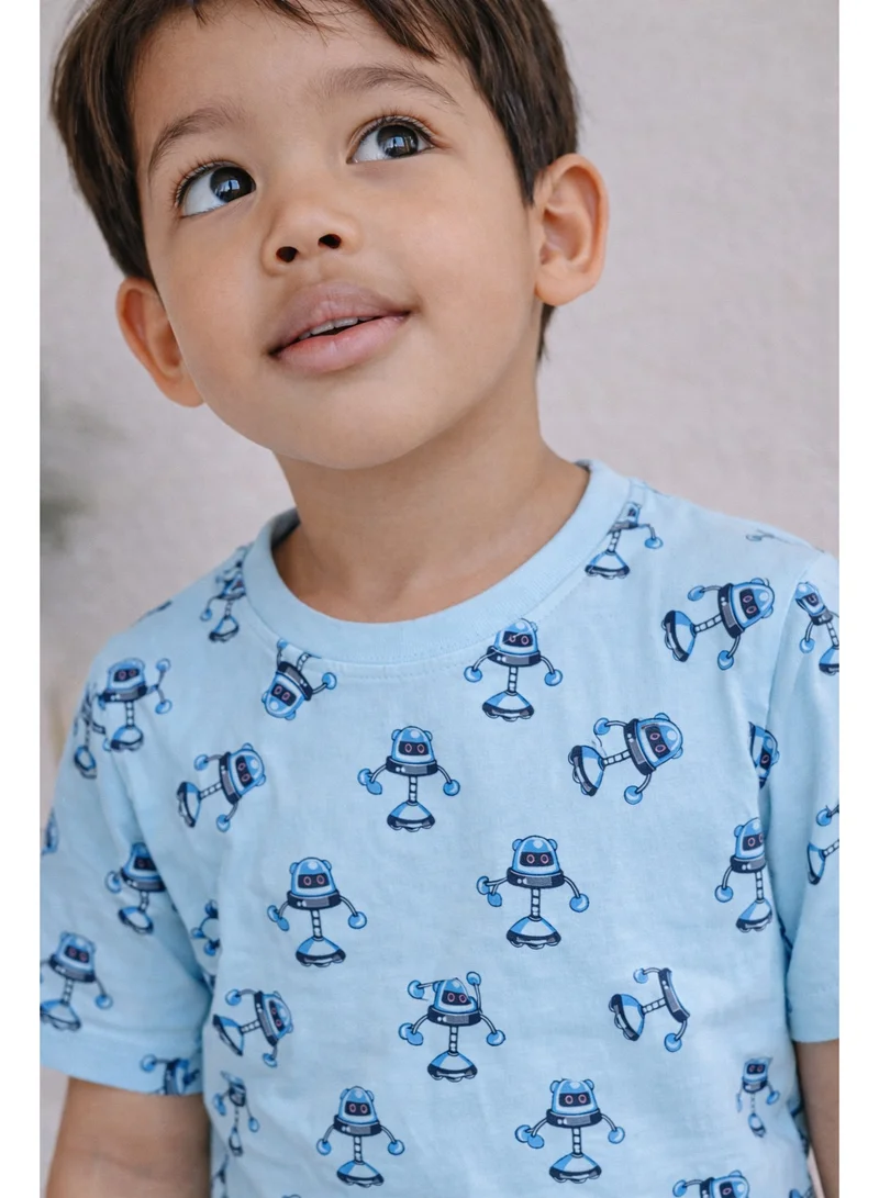 فكتور اند جين طقم بيجاما قطنية للأولاد بطبعة روبوت – قميص قصير وسروال قصير للّيل