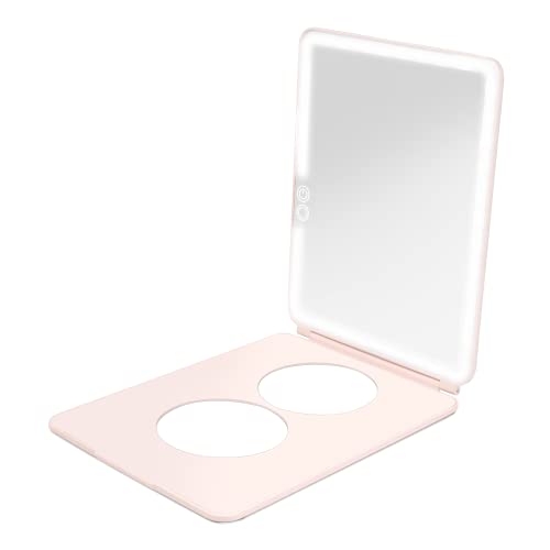 Vanity Planet Handheld Makeup Mirror with Lights Pose 20 Blush  Light Up Travel LED Mirror with 3X  5X Magnification  Dimmable Lighting  MicroUSB Rechargeable Lighted Compact Mirror