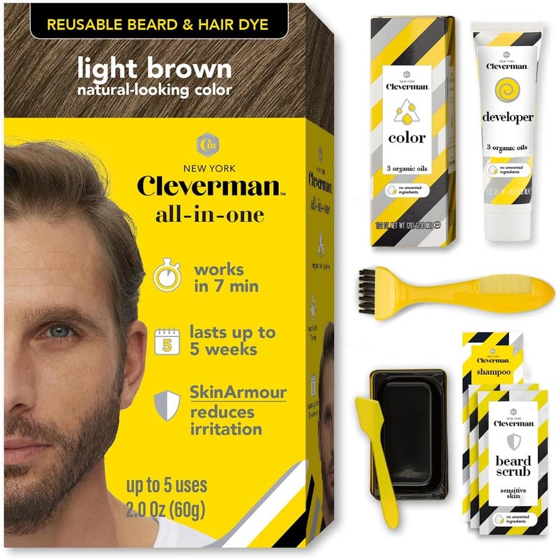 Cleverman Hair & Beard Dye Kit for Men, All-in-One Reusable Mens Hair Color, Natural Gray Coverage, Ammonia-Free Beard Mustache Dye for Men (Light Brown, 2 Ounce (Pack of 1)) - Image 1